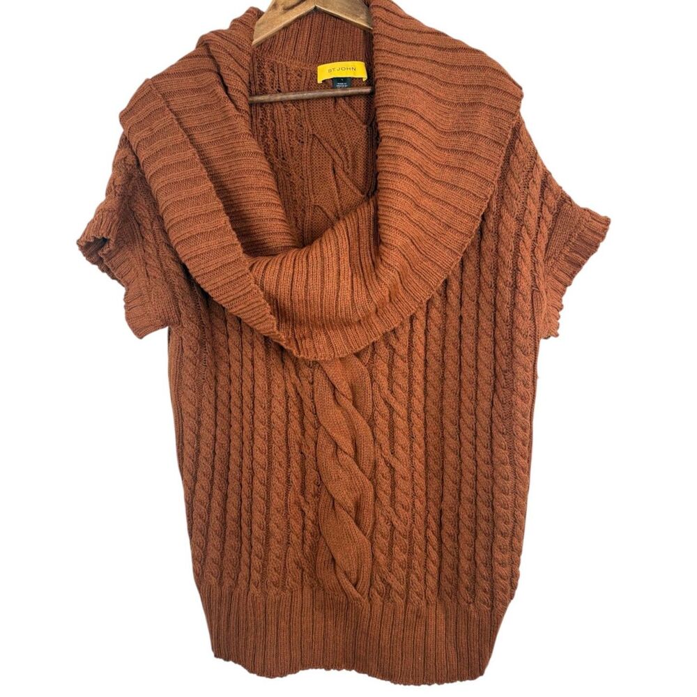 St John Collection Orange Cable Knit Sweater Tunic Sz L Cowl Neck Fisherman Aran